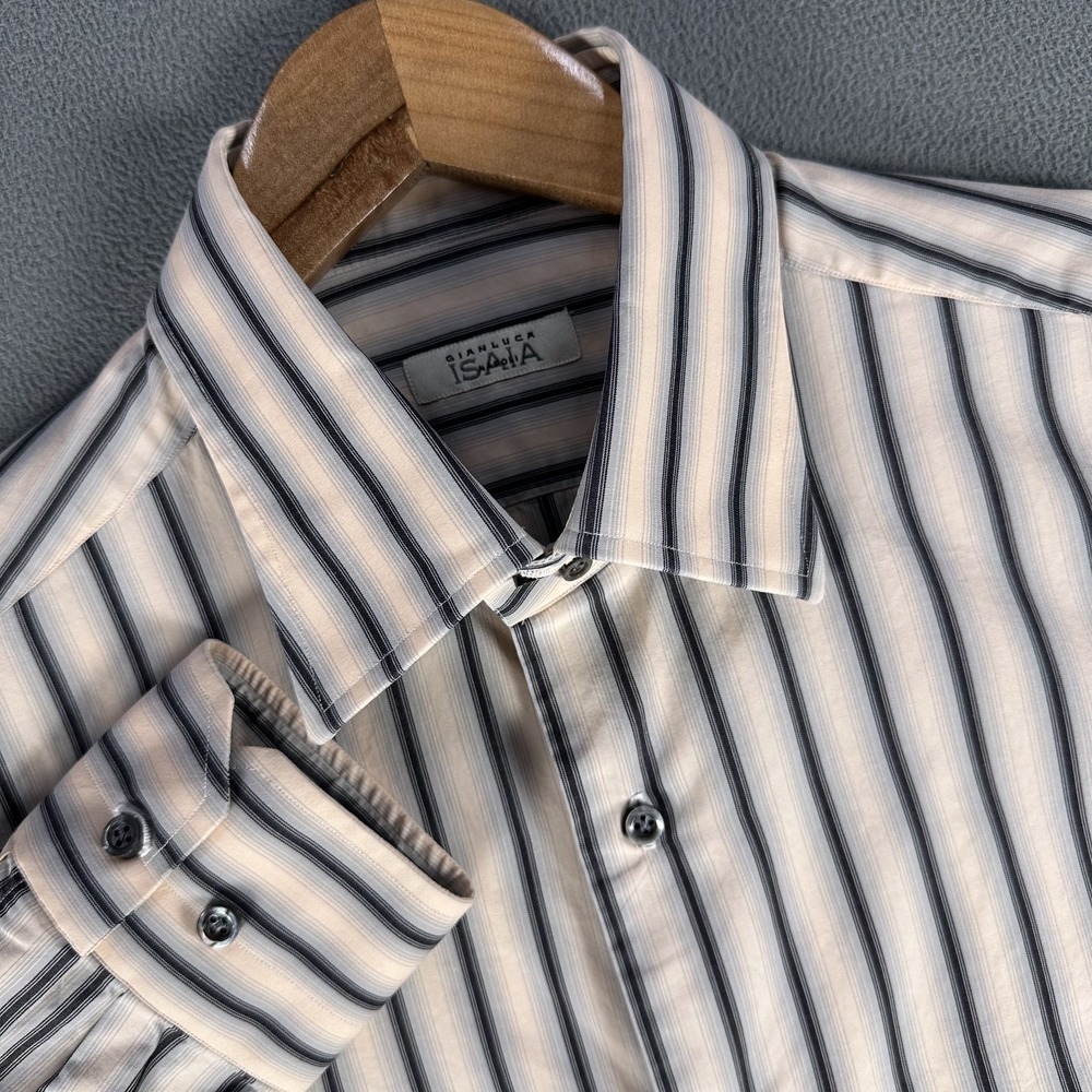 Isaia Napoli Shirt EU 40 15.75 Black Peach Stripe Quiet Luxury Minimalist Italy